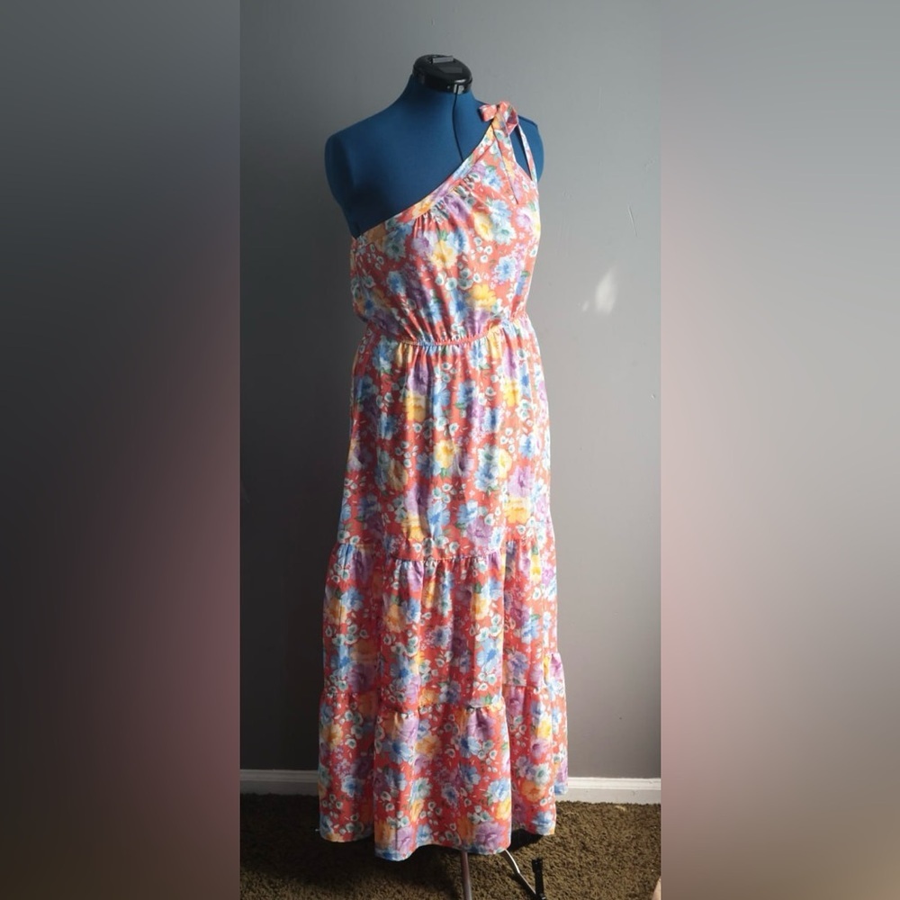 PRETTY GARDEN Women's Summer Floral Maxi Dress Knot One Shoulder Sz M Resortwear